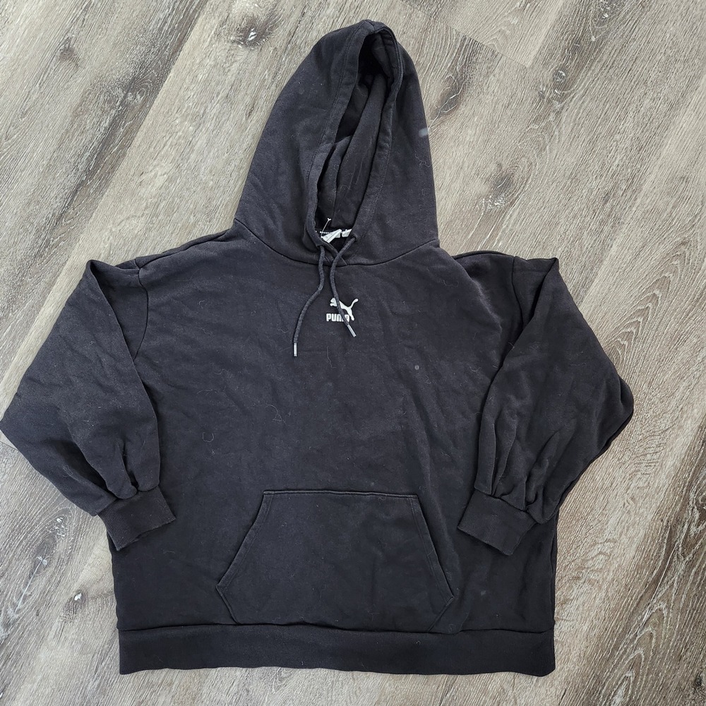 Puma Classics Oversized Hoodie Black Pullover Sweatshirt Logo Medium